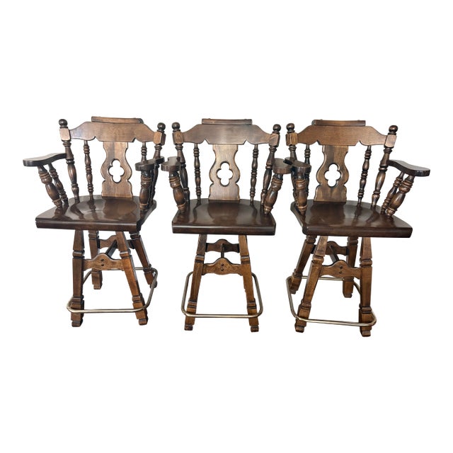 1981 Vintage Oak Swivel Bar Stools, Attributed to Virginia House, Set of 3 For Sale
