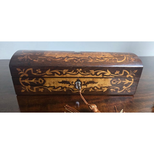 Wonderful English dome top rosewood and birds eye maple inlaid glove box, wonderful embroidered plush interior, working...