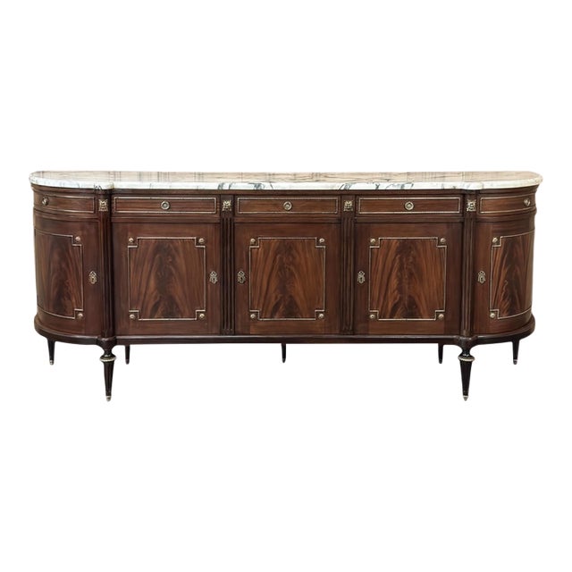 Grand Louis XVI Style Flame Mahogany Buffet With Marble Top For Sale