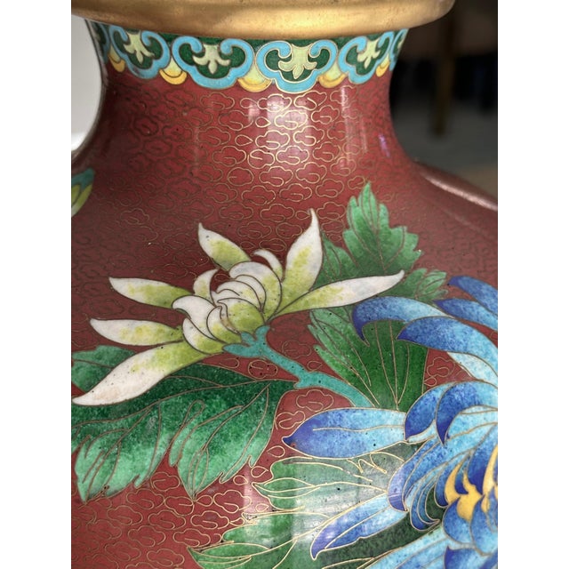Brick Red Pair Chinese Cloisonné Floral Vases For Sale - Image 8 of 12