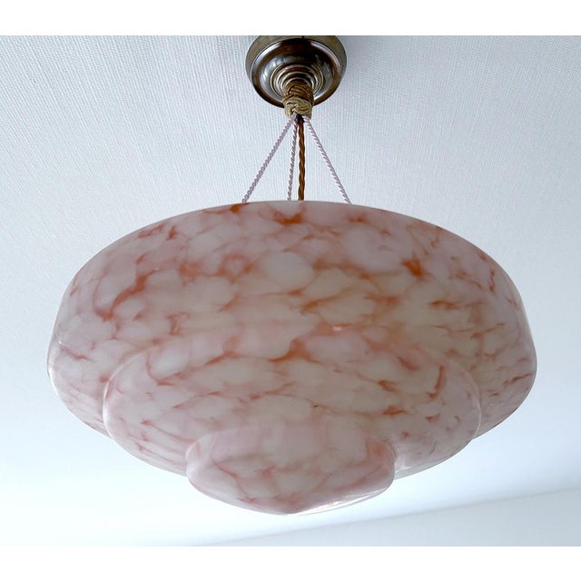 Pink Art Deco Pendant Light in Pink and White Marble Glass, 1930s For Sale - Image 8 of 18