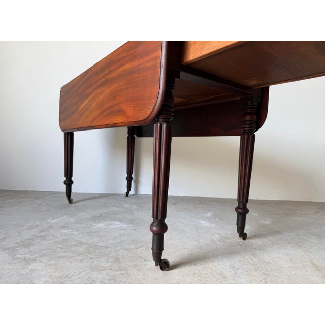 Brown Antique English Regency Solid Mahogany Pembroke Drop-Leaf Table With Drawer & Original Casters For Sale - Image 8 of 12