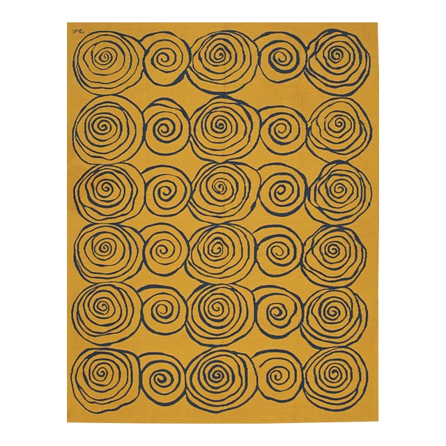 8x10 Stylish Iris Goldenrod Kilim Fluid Spirals Modern Handwoven Wool Carpet Rug For Sale