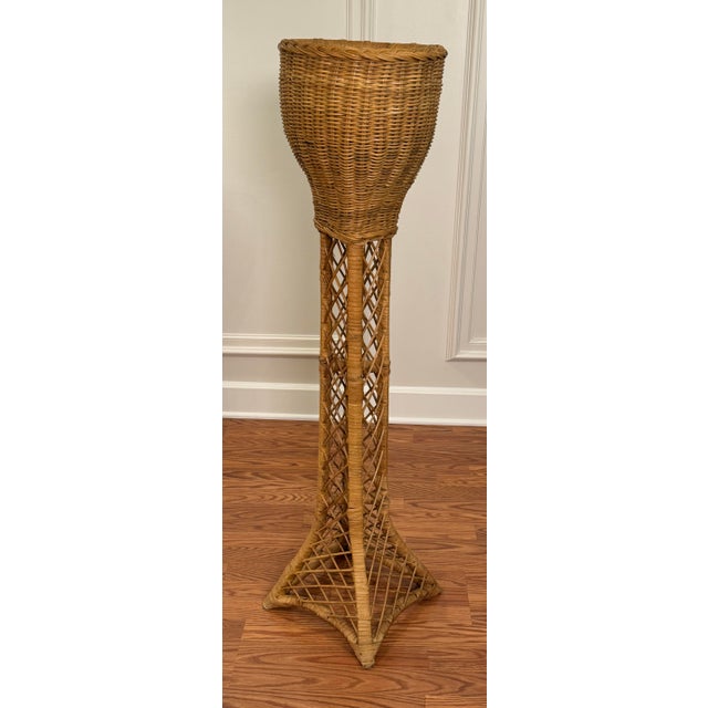 Vintage Monumental Coastal Rattan Wicker Plant Stand For Sale - Image 12 of 12