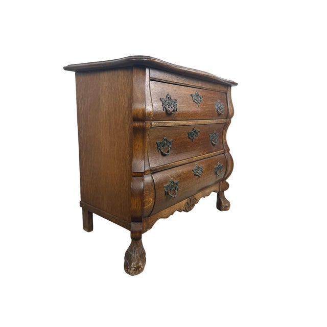 Wood Vintage Dutch Baroque Revival Oak Bombé Three-Drawer Chest With Paw Feet For Sale - Image 7 of 18