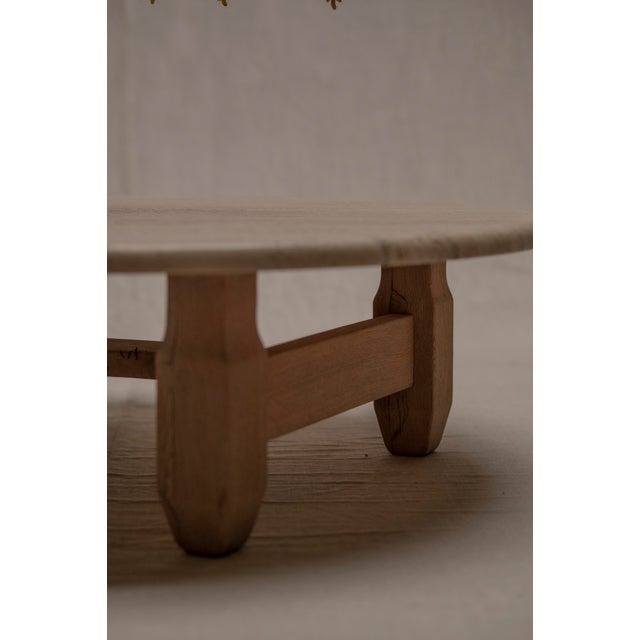 1960s Brutalist Round Coffee Table in Travertine and Oak, 1960s For Sale - Image 5 of 11