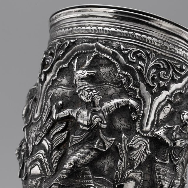 Antique 19th Century Burmese Silver Repoussé Jataka Tales Mug, 1890 For Sale - Image 11 of 16