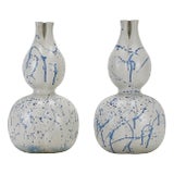 White Body, Blue Hand-Painted Abstract Pattern Three-Hole Gourd Vase For Sale