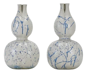 White Body, Blue Hand-Painted Abstract Pattern Three-Hole Gourd Vase