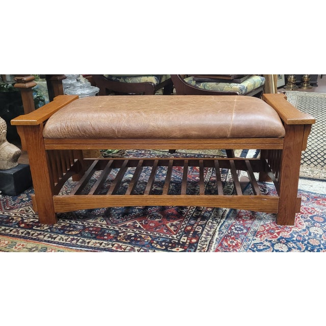 1990s Mission Style Oak Bomber Leather Window Bench For Sale - Image 9 of 10