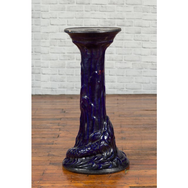 Ceramic Chinese Antique Dark Blue Glazed Pedestal Stand with Raised Motifs For Sale - Image 7 of 10