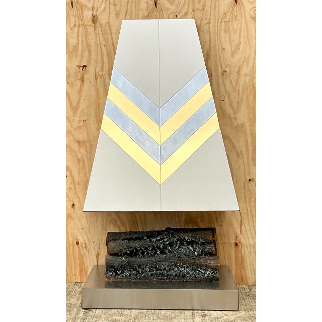 Vintage Boho Chevron Brass and Chrome Faux Fireplace For Sale - Image 10 of 10