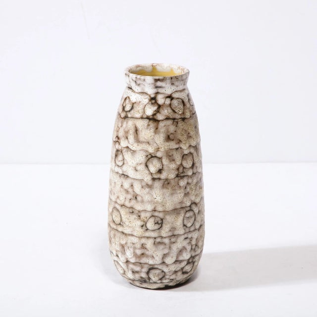 Mid-Century Modernist White and Earth Toned Ceramic Vase With Spotted Banding For Sale - Image 4 of 13