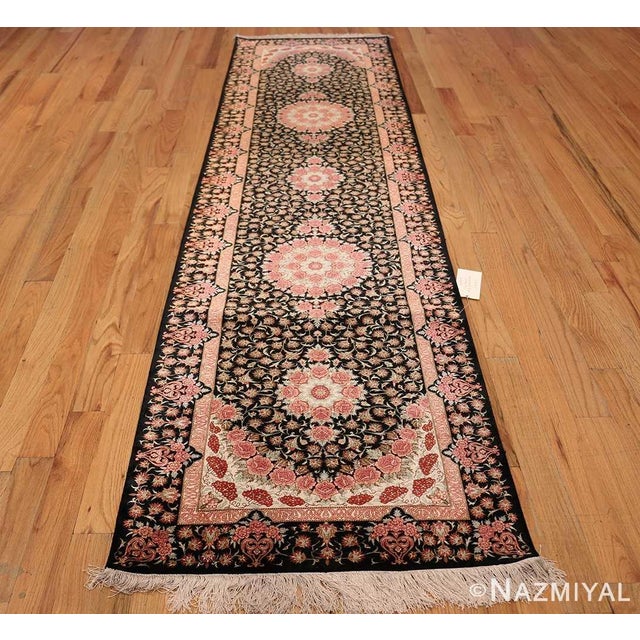 Beautiful Black Background Silk Qum Persian Runner Rug, Country of Origin / Rug Type: Modern Persian Rug, Circa Date: Late...