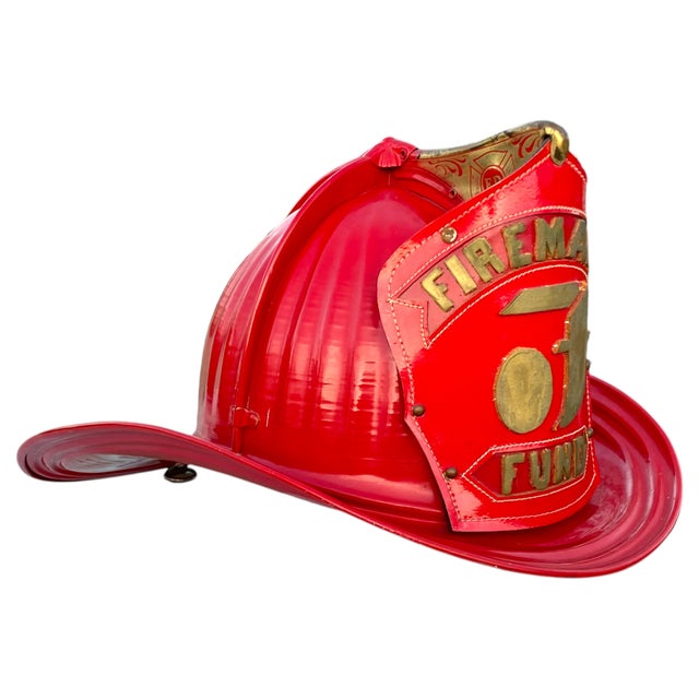 Vintage Cairns & Bro. Metal & Leather Firefighter's Helmet 350 Senator "Fireman's Fund" For Sale - Image 4 of 15