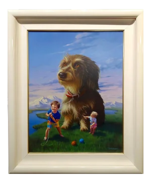 Jim Warren -Young Brothers Dealing With Their Giant Terrier- Surreal Oil Painting