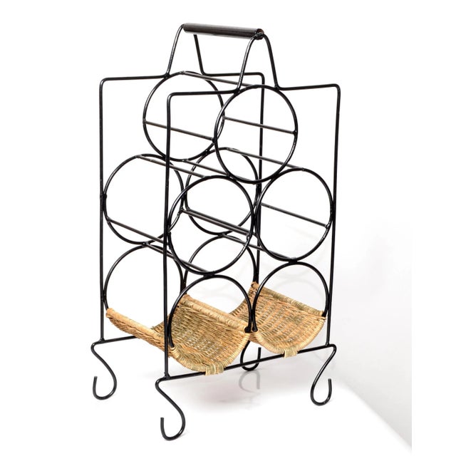 Vintage Boho Chic Wrought Iron Wicker 5 Bottle Wine Rack Stand Caddy For Sale - Image 11 of 11