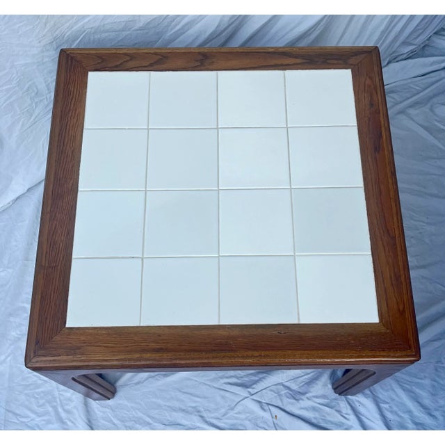 Mid-Century Modern 1970s Coastal Chic Walnut and White Ceramic Tile Square Side Coffee Table For Sale - Image 3 of 11