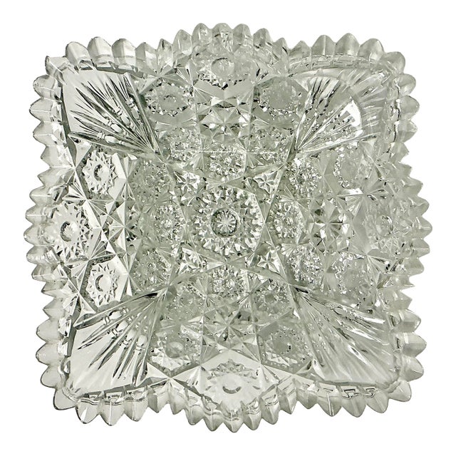 Late 1800s Antique Boho Chic Hollywood Regency American Brilliant Cut Glass Square Serving Dish For Sale