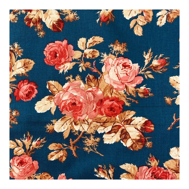 Designer P Kaufmann Waverly Blue Green Pink Red Cabbage Rose Floral Bouquet Fabric Sample For Sale
