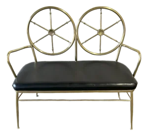 Mid Century Modern Italian Brass Leather Seat Ship'sWheel Back Bench Attributed to Gio Ponti