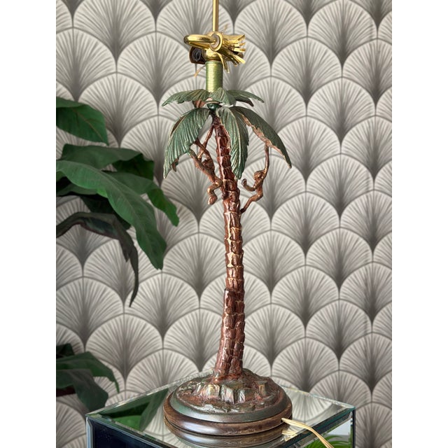Metal Vintage Tropical Tiki Jungle Safari Banana Palm Tree and Monkey Metal Table Lamp Attributed to Frederick Cooper For Sale - Image 7 of 18