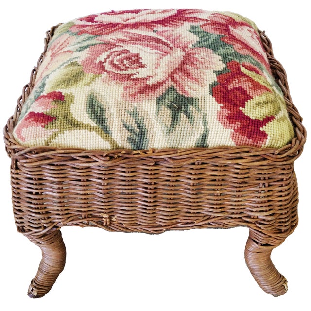Mid 20th Century Wicker & Rose Needlepoint Footstool For Sale - Image 5 of 7