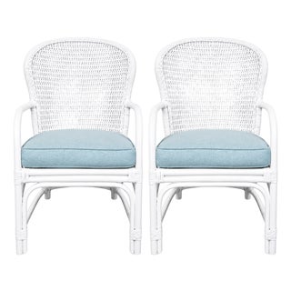 Lacquered Rattan Fan Back Chairs Blue Cushions For Sale