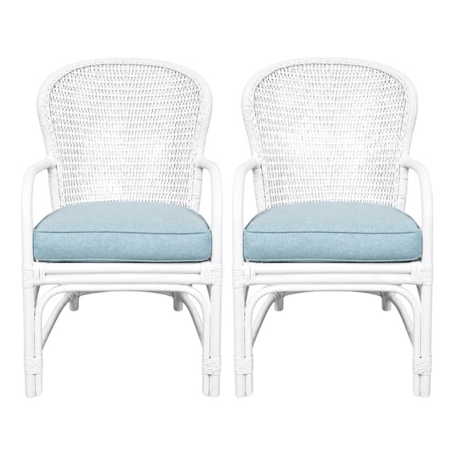 Lacquered Rattan Fan Back Chairs Blue Cushions For Sale