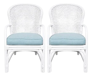 Lacquered Rattan Fan Back Chairs Blue Cushions