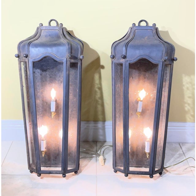 American Large Exceptional Pair of Hand-Forged Iron Wall Lanterns Architectural Sconces For Sale - Image 3 of 14