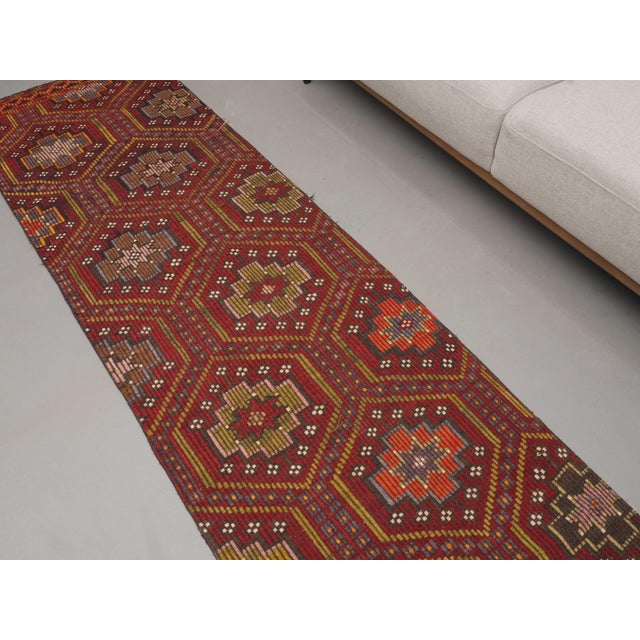 1970s 1970s Vintage Handmade Wool Cotton Red Cicim Kilim Runner Rug For Sale - Image 5 of 11