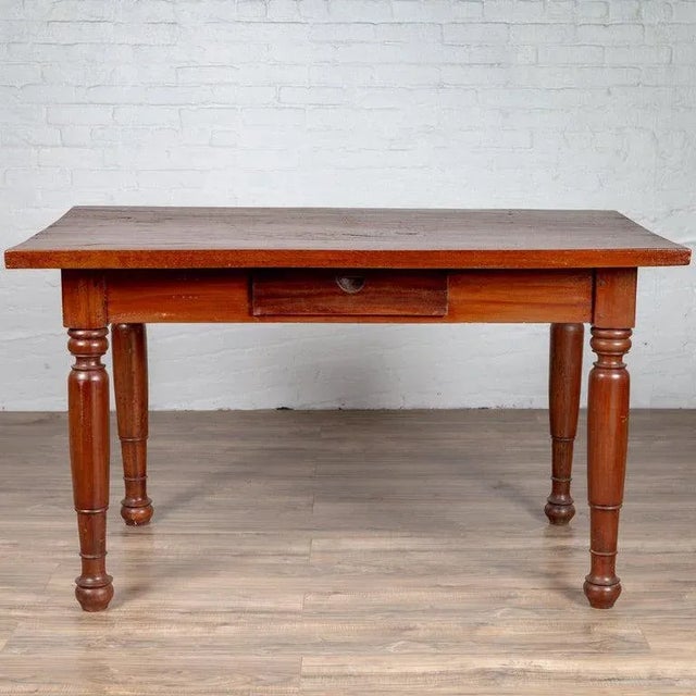 Antique Dutch Colonial Javanese Teak Desk with Single Drawer and Turned Legs For Sale - Image 4 of 13