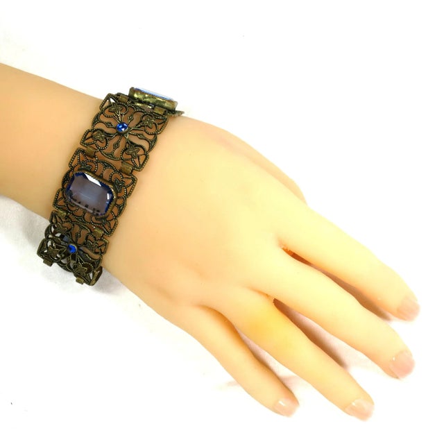 Vintage Art Deco Czech gold-washed bracelet 1930s. Square openwork filigree platforms with millegrain detailing,...