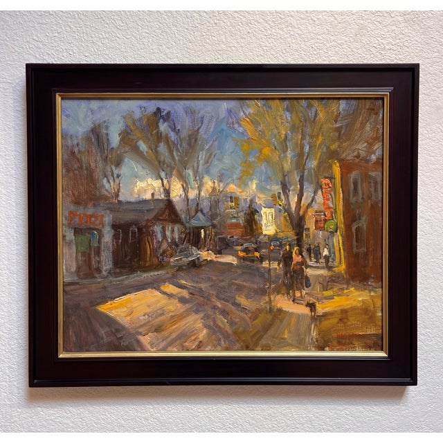 This oil on canvas painting captures a lively neighborhood scene bathed in warm, golden light as the day transitions into...