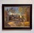This oil on canvas painting captures a lively neighborhood scene bathed in warm, golden light as the day transitions into...