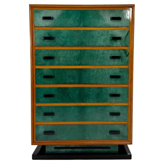 Italian Chest of Drawers in Emerald Green Parchment and Walnut with Black Details, 1950s For Sale - Image 15 of 15