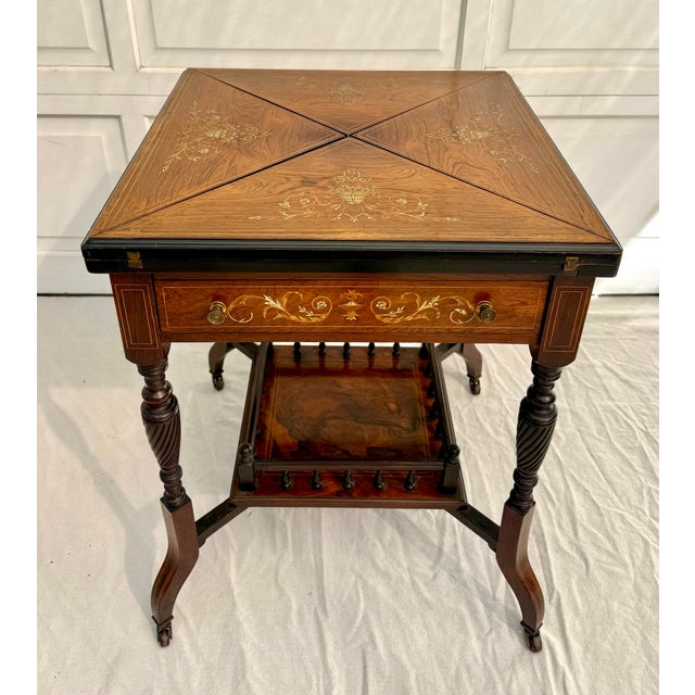 Antique Louis XVI Marquetry Envelope Folding Game Table With Felt Top & Drawer For Sale - Image 4 of 18
