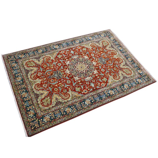 Persian Antique Persian Tabriz 3x4 Red & Navy Handmade Area Rug #1143878 For Sale - Image 3 of 12