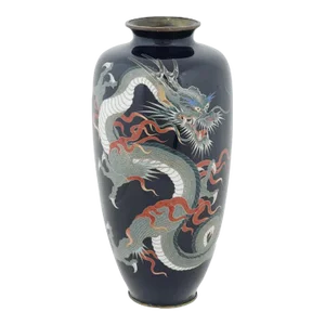 Large Antique Meiji Japanese Cloisonne Enamel Silver Wire Dragon Vase, Signed