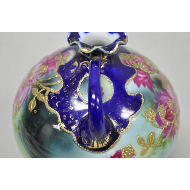 Ceramic Vintage Victorian Blue Hand Painted Porcelain Floral Twin Handled Bulbous Vase For Sale - Image 7 of 14