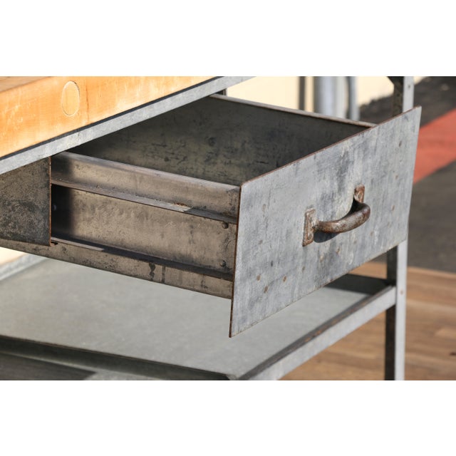 Gray 1950s Industrial Butcher Block Workstation Table With Steel Frame, Drawer & Removable Galvanized Trays For Sale - Image 8 of 18