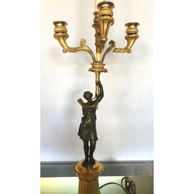Empire Doré Bronze Candelabra Lamp Having a Patinated Woman Mounted as a Lamp For Sale - Image 4 of 13