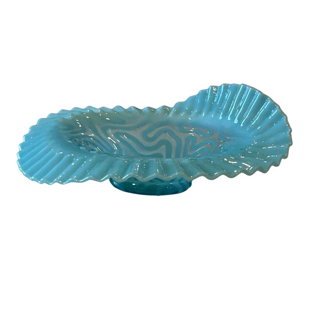 Early 20th Century Antique Jefferson Glass Attributed Blue Opalescent “Swirling Maze” Ruffled Bowl | Early American Pattern Glass c.1902 For Sale - Image 5 of 7