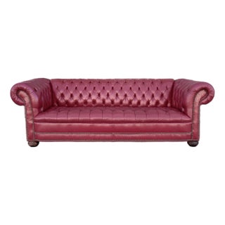 1980s Vintage Tufted Red Leather Rolled-Arm Chesterfield Sofa For Sale