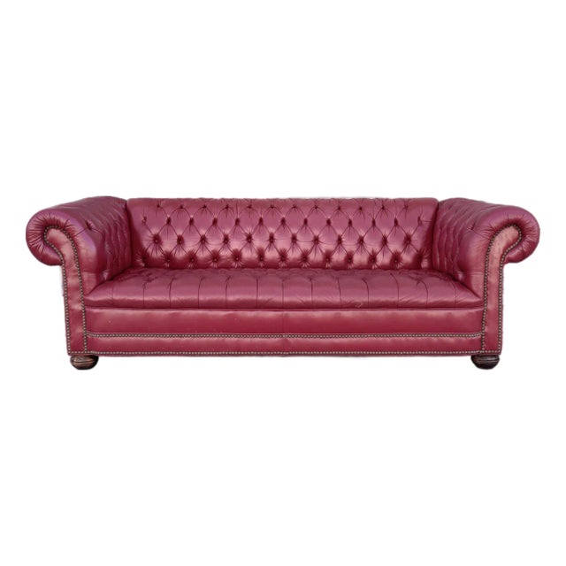 1980s Vintage Tufted Red Leather Rolled-Arm Chesterfield Sofa For Sale