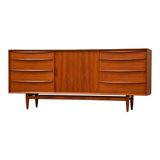 1950s Refinished 75” Danish Modern Teak Sideboard Credenza Dresser by Falster For Sale