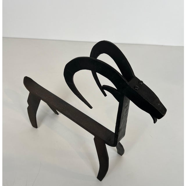 Black 1950s Pair of wrought iron andirons representing a goat in the style of Edouard Schenck For Sale - Image 8 of 12