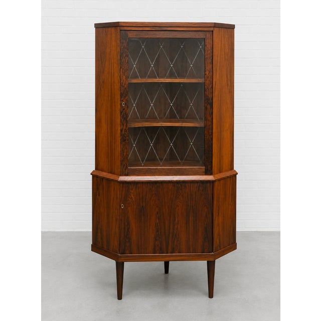Wood Mid Century Modern Teak Corner China or Liquor Cabinet, Made in Denmark. C. 1960's For Sale - Image 7 of 14