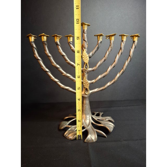 VTG Fred Spinowitz Tree of Life Menorah Signed Judaica Silver Tone Brass Leaves For Sale - Image 16 of 18